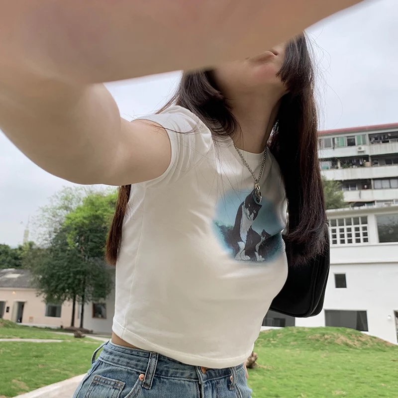 Милый Винтажный укороченный топ E-Girl в стиле Харадзюку С мультяшным принтом