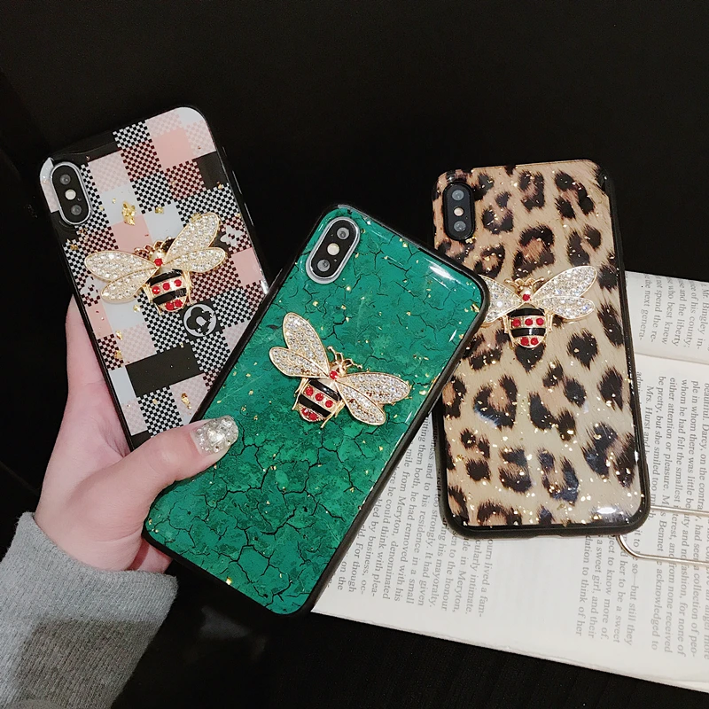 Блестящий чехол для телефона с алмазной Пчелкой iPhone 11 Pro 7 8 6S Plus XR XS MAX X мраморный