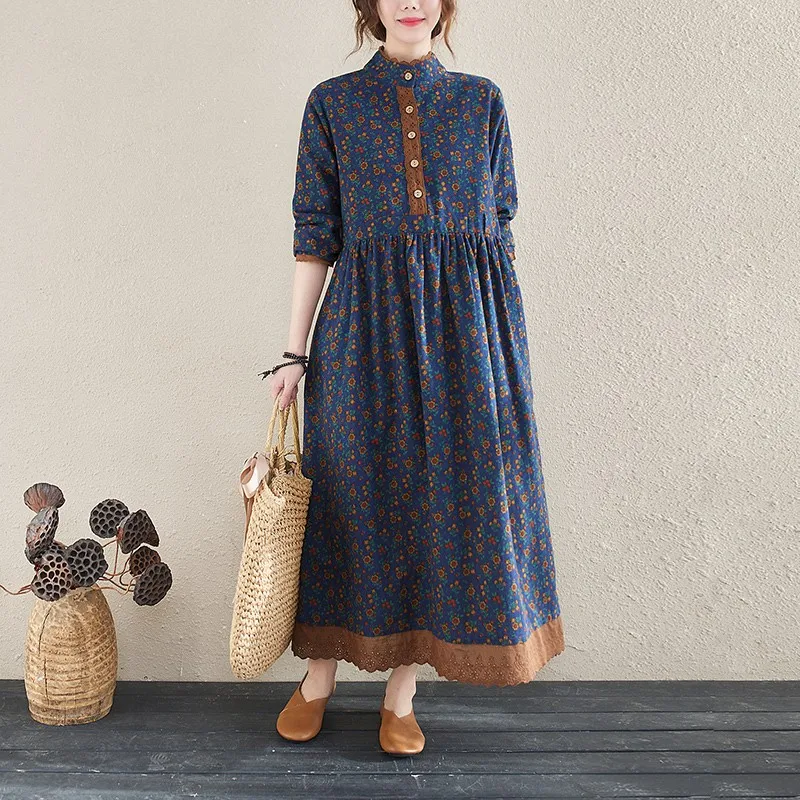 

Cotton linen dress Women Spring and Autumn Loose Large National style Broken lace Stand collar long sleeve Dresses Robe female