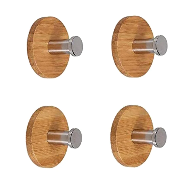 

4 Packs of Bamboo and Wood Round Base Single Hook Stainless Steel Creative Bathroom Kitchen Wall Strong Hooks