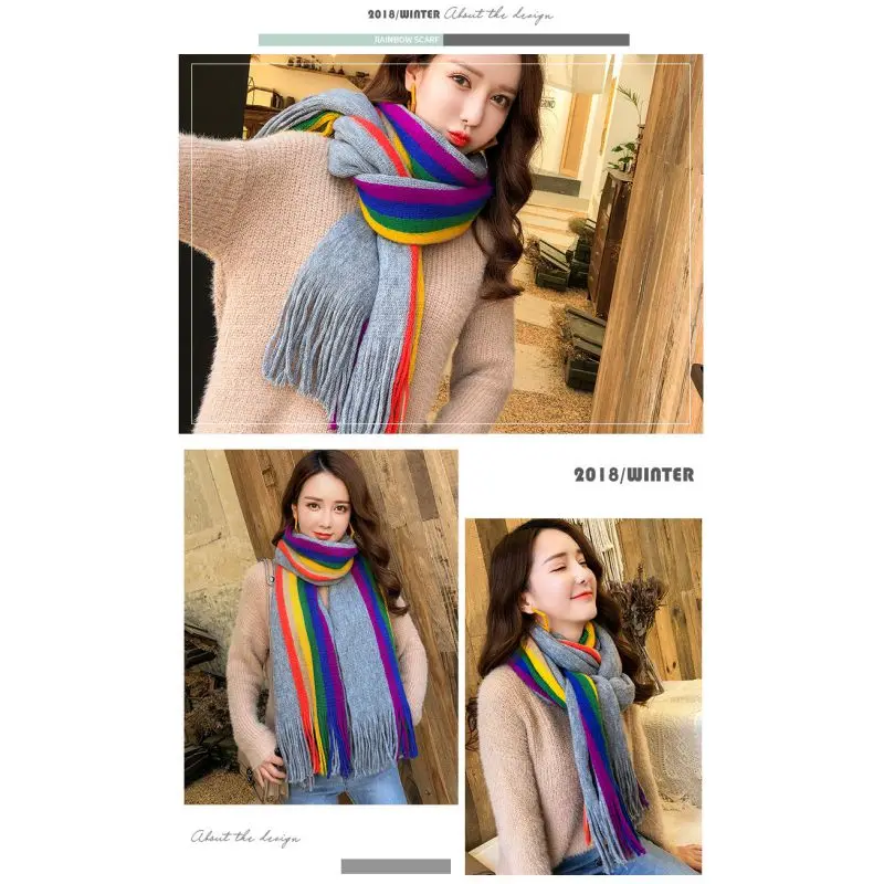

Scarves Wraps Women Autumn And Winter Fashion Rainbow Striped Thick Scarf Warm Cashmere Tassel Korean Style Sweet Shawl Scarf