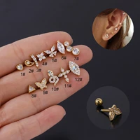1pc cz gold butterfly cross stud earrings for women small screw piercing cartilage helix conch rook tragus flat labret jewelry