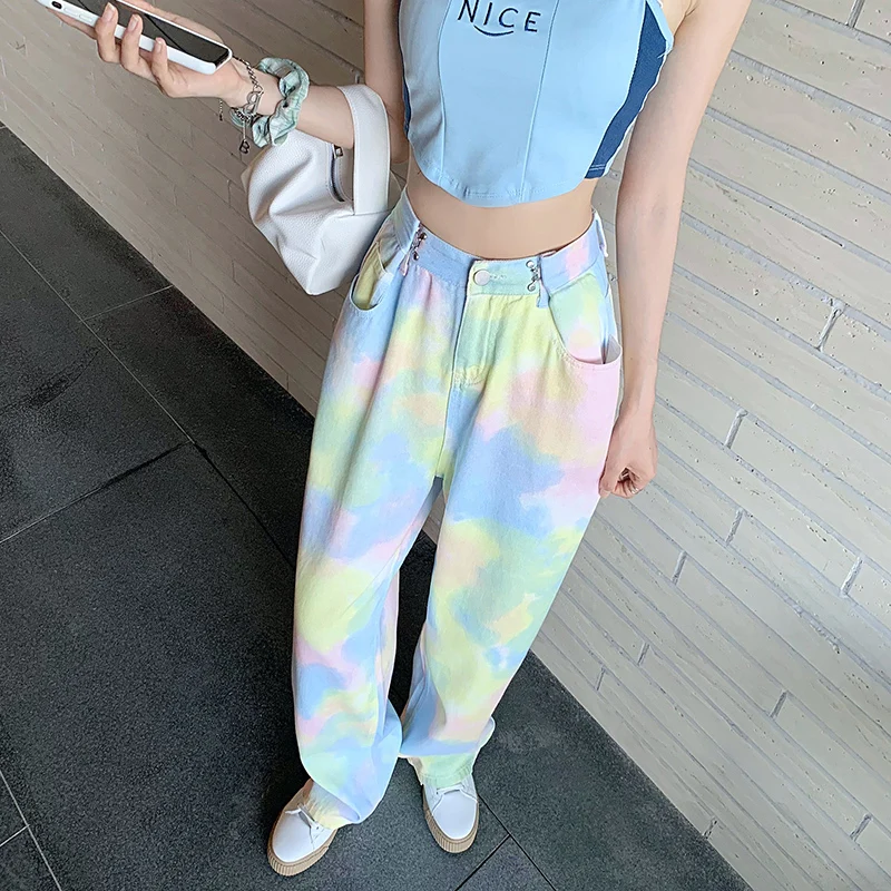 

Hstar Woman Jeans 2021 New Fashion Straight Pants High Waist Casual Mom Baggy Female Full Length Loose Denim Boyfriend Trouser