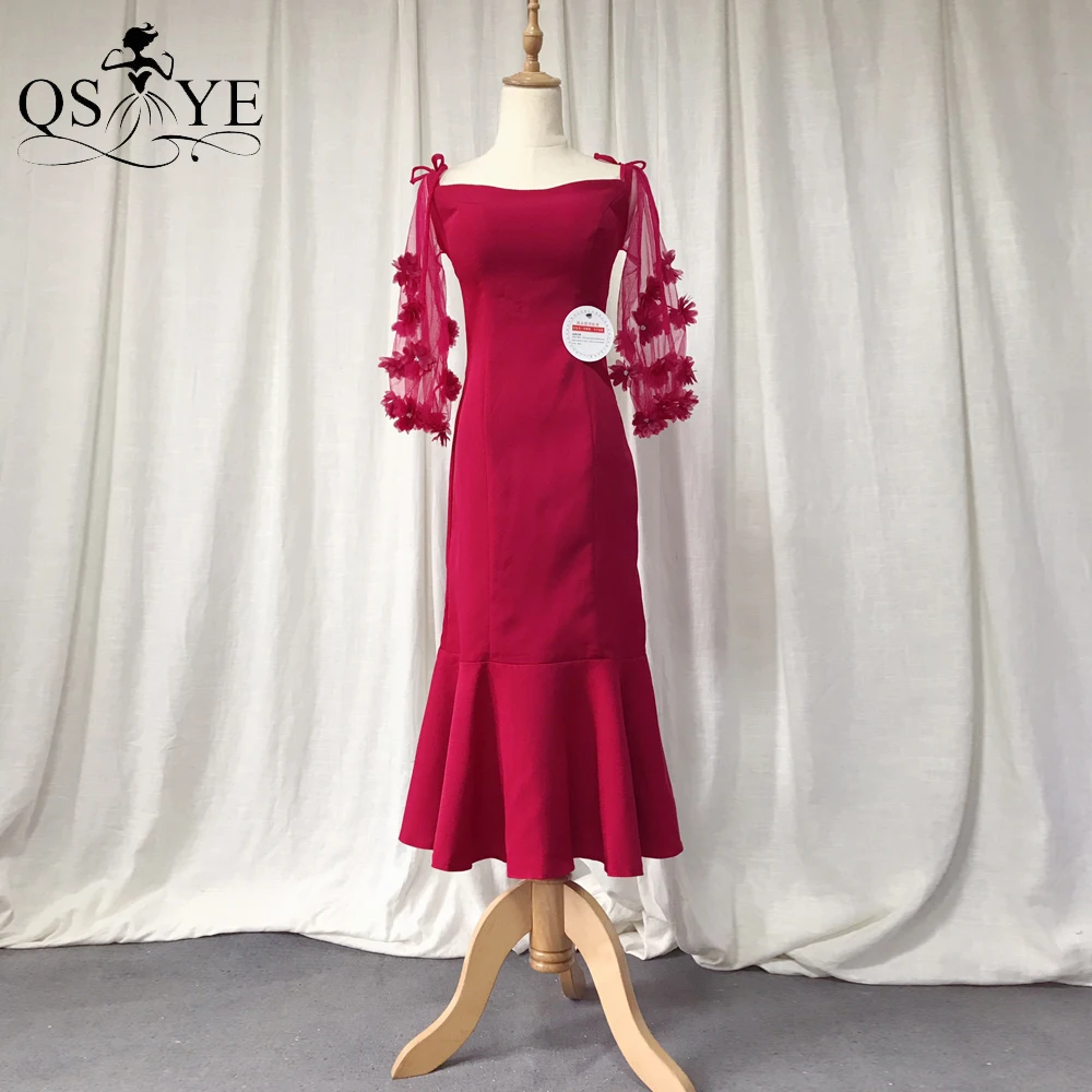 

Red Short Prom Dresses 3D Flowers Illusion Long Sleeves Homecoming Off Shoulder Stretchy Party Gown Modest Short Mermaid Gown
