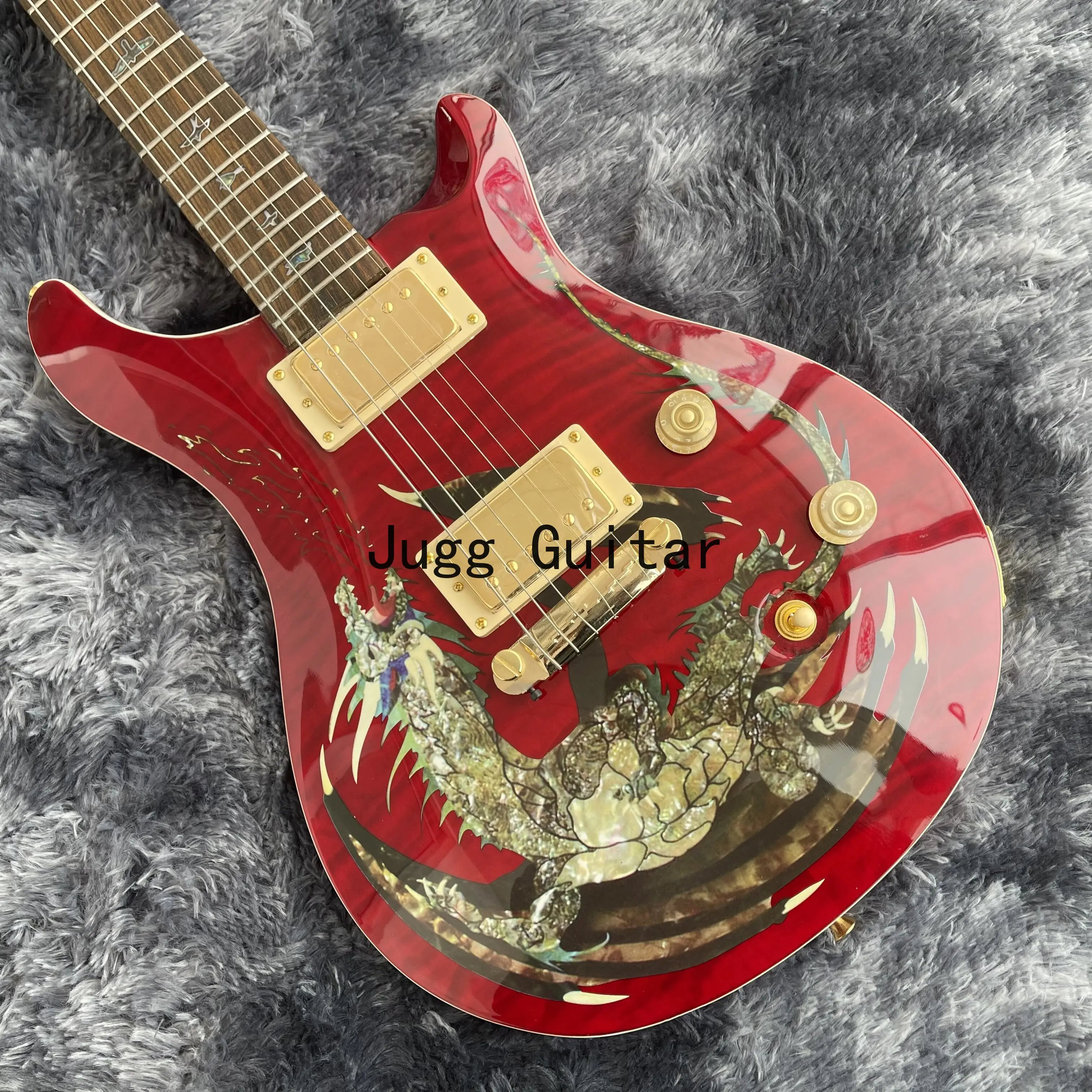 

Редкий пол Дракон 2000 #30 малиновое красное пламя Кленовая верхняя электрическая гитара воблер Птицы инкрустация, оберточный хвост, золотая ф...