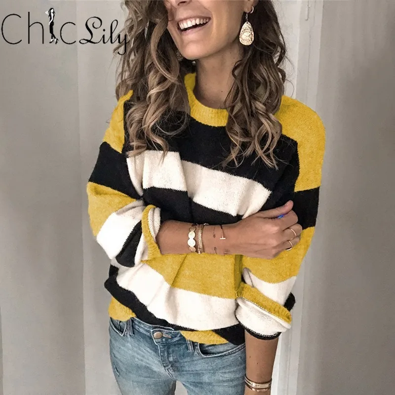 

Chiclily Casual Contrast Stripe Knitted Sweaters Loose Round Neck Pullover Korean Street Style Women's Sweater Winter
