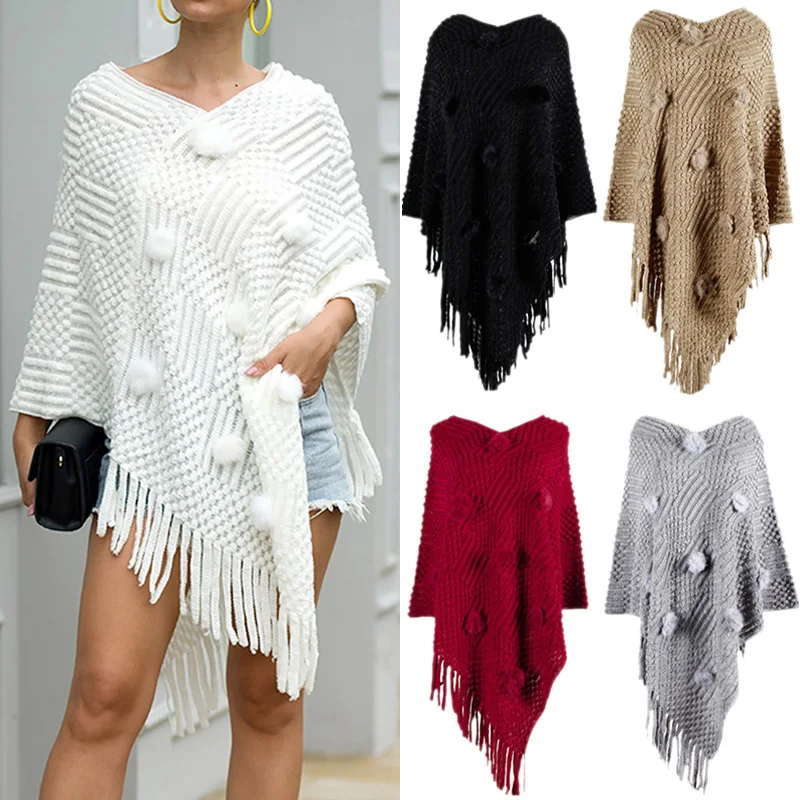 Women's Sweater Cloak Autumn Winter V-Neck Tassel Knitted Pullover Sweaters Cloak Shawl Hair Ball Poncho Ladies Pullover images - 6
