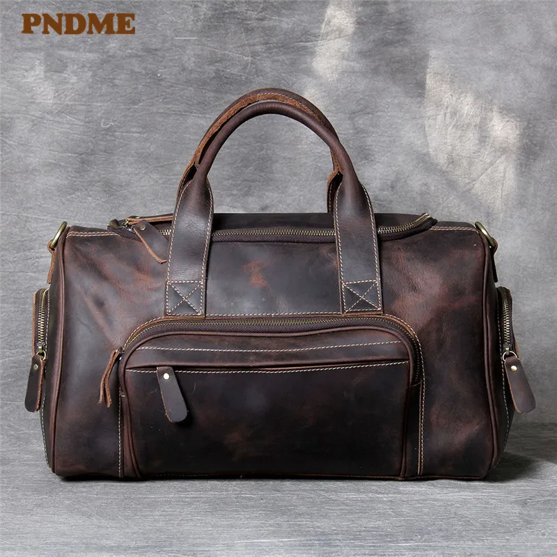 

PNDME vintage natural crazy horse cowhide men's travel bag weekend outdoor business genuine leather handbag women's luggage bag
