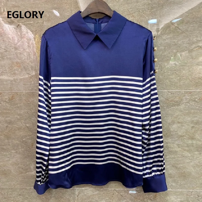 

100%Silk Shirts 2021 Spring Summer Tops Women Turn-down Collar Striped Print Buttons Deco Long Sleeve Blue Red Casual Blouse OL