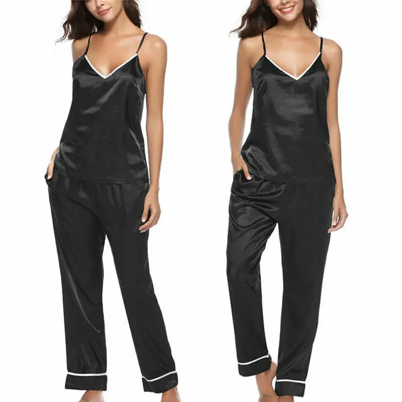 

2PCS Women Pajama Sets Silk Satin Solid Color Soft Sleeveless V-Neck Camisole+Long Pants Sleepwear Homwear Nightwear 2021