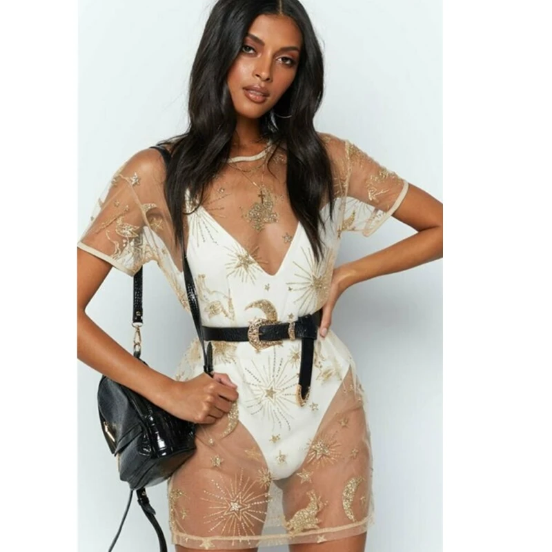 Женское Прозрачное Бикини с коротким рукавом и принтом звезд Луны | Женская