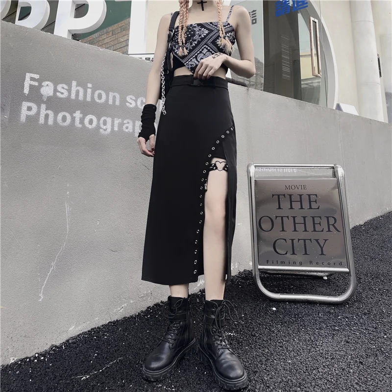 

Harajpoo Women Skirts Black Slit Female Summer Korean Version Retro Mid-length High Waist A Line Design Sense Package Hip Skirt