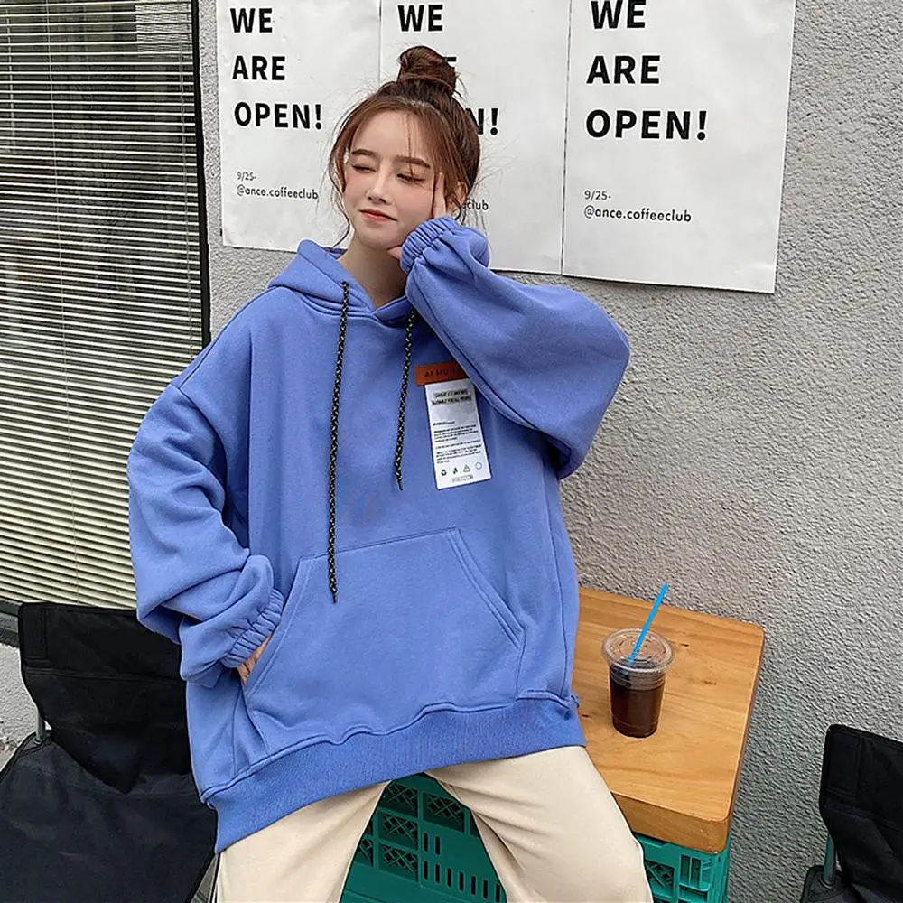 Women Autumn Long Sleeve Solid Color Oversize Plush Thick Warm Hoodie Sweatshirt