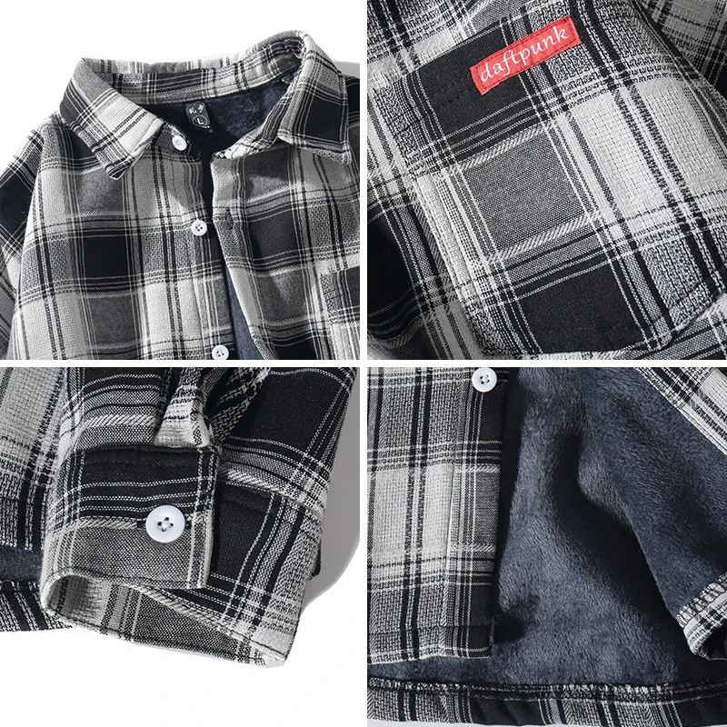 Рубашка мужская флисовая в клетку Повседневная теплая винтажная сорочка с