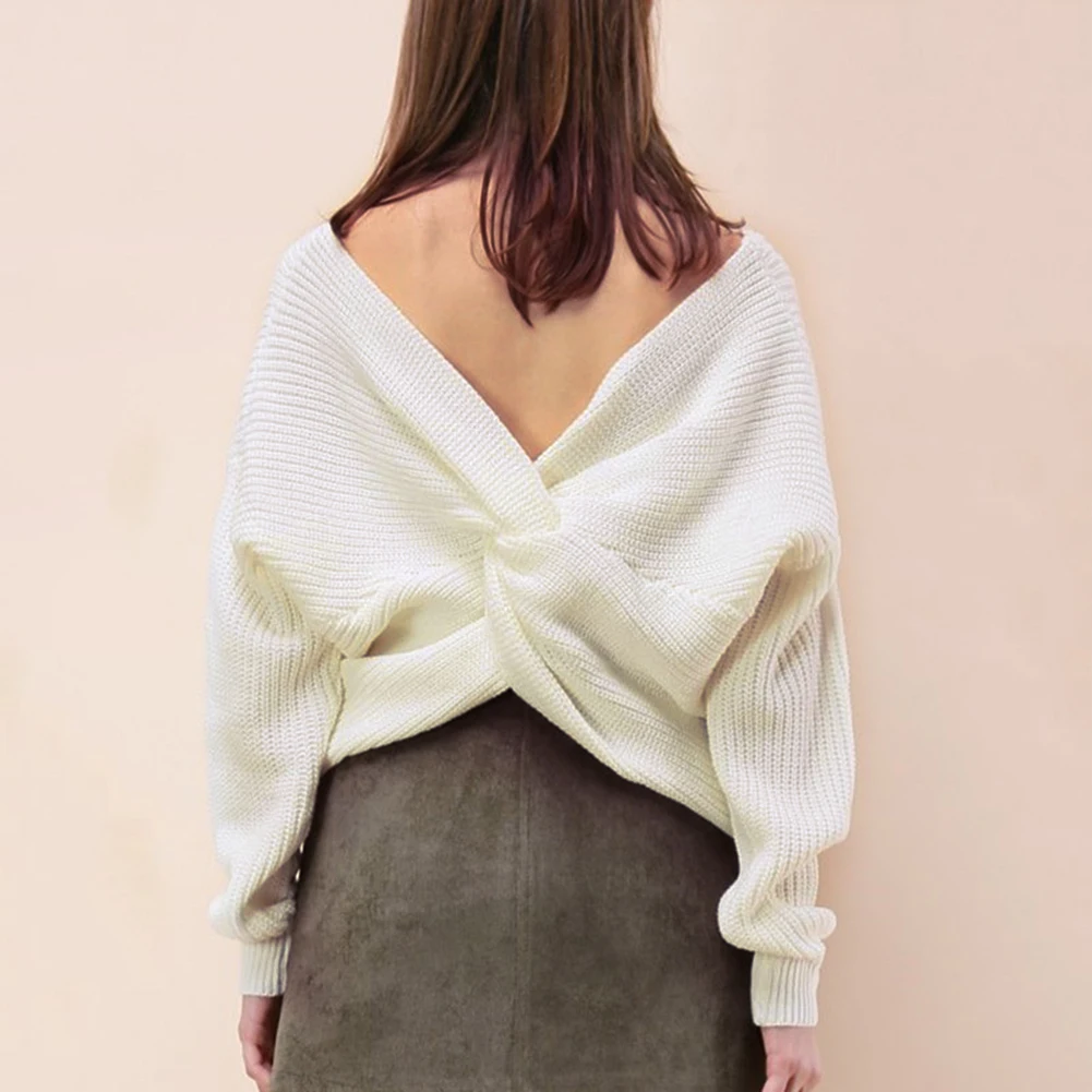 Свитер женский однотонный с V-образным вырезом и узлом на спине теплый свободный |