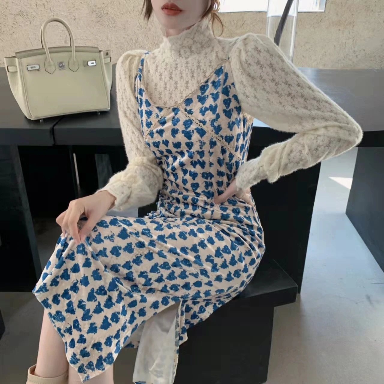 

2021 Velvet Suspender Skirt Autumn and Winter Blue Dress + Soft Waxy Half-high Collar Lace Puff Sleeve Bottoming Shirt