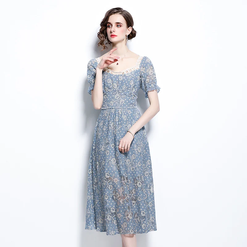 

Women Summer Elegant Blue Lace Dress Festa High Quality Long Wedding Party Robe Femme Runway Vintage Designer Vestidos