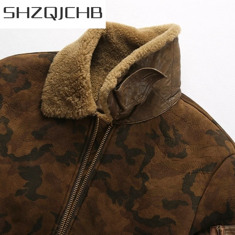 

JCHB 2021 Casual Mens Camouflage Short Bomber Jacket Shearling Wool Warm Sheepskin Zipper Biker Coat Winter Genuine Leather Fur