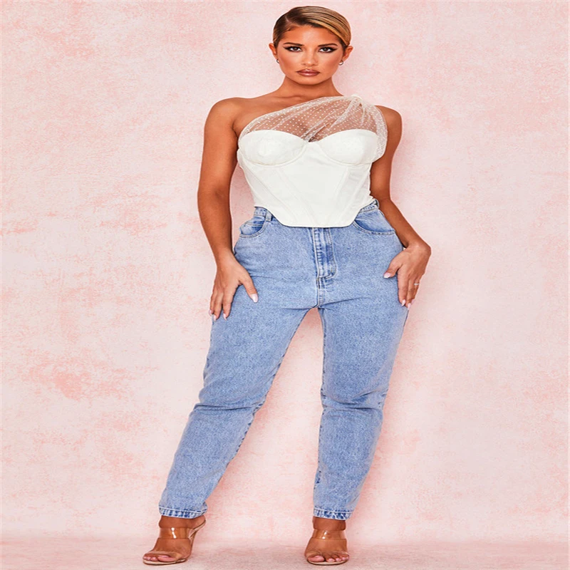 

Spring and summer 2020 women's clothing Europe and the United States new fashion backless single shoulder gauze wave point corse