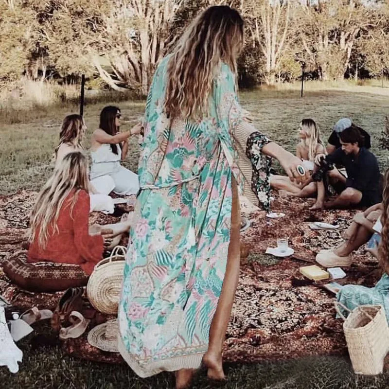 Пляжная накидка туника с принтом для пляжа длинный кафтан листьями Цветочный