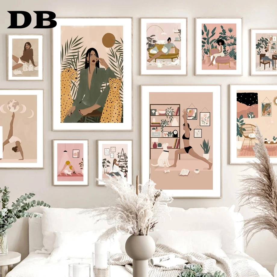 

Abstract Figure Yoga Girl Leopard Cat Dog Nordic Poster Modern Wall Art Prints Canvas Painting Decor Pictures For Living Room