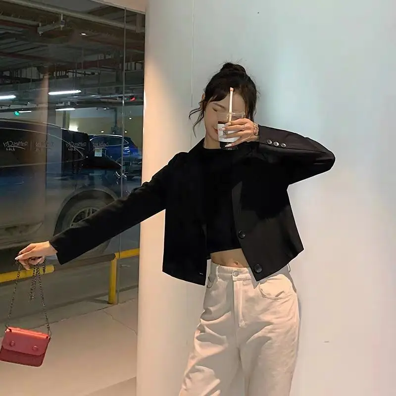 

Blazers Women Crop Top Chic All-match Leisure Slender Korean Style Black Office Ladies Ulzzang Fashion Notched Spring Casual Ins
