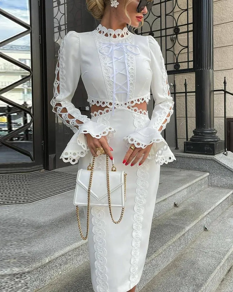 

Lace Dress Women's Clothing Fashion New Autumn and Winter Lace Splicing Long Sleeve Dresses Casual Ladies Wear 2021