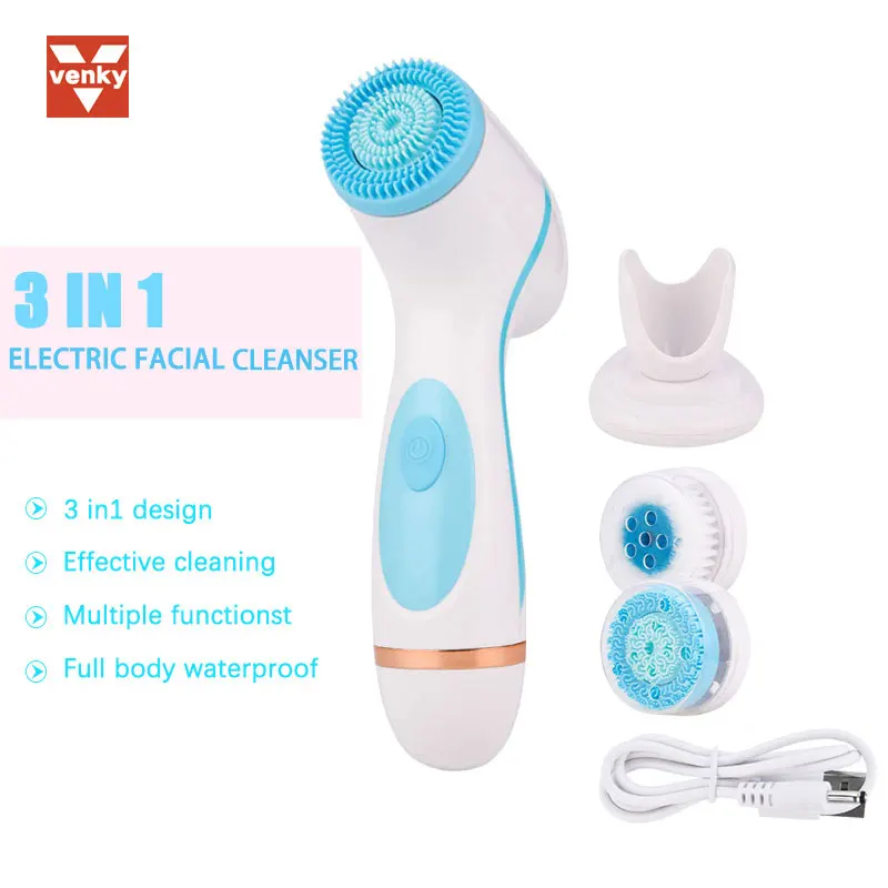 Силиконовая щетка VENKY 3 в 1 для лица массажер Электрический ультразвуковой