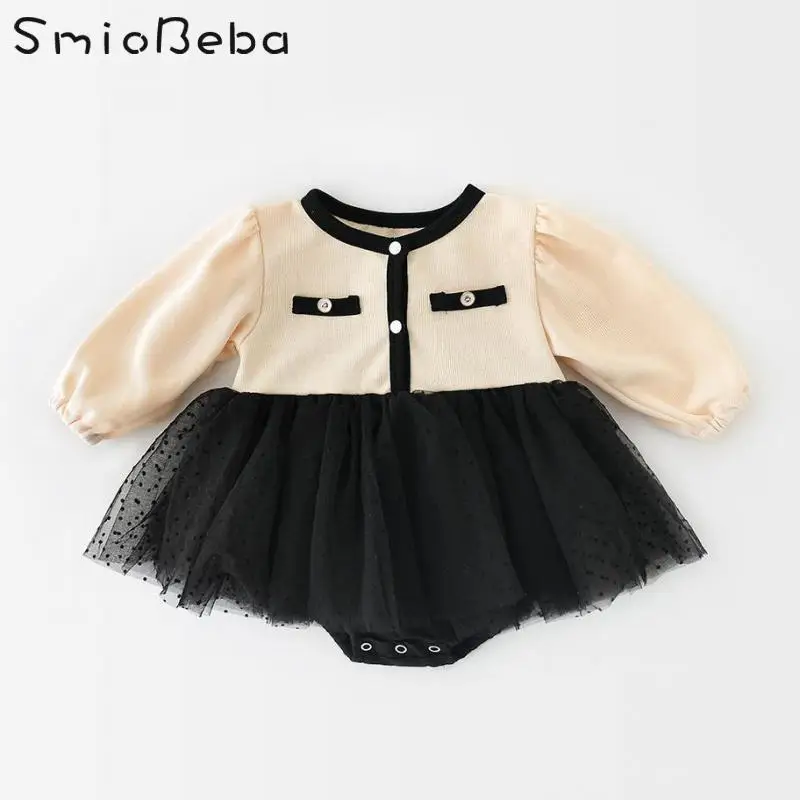 

2021 Spring Newborn Baby Girl Fake Two Pieces Rompers Of Small Fragrance Mesh Skirt Triangle Climbing Dress Newborn Jumpsuit