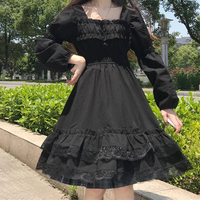 

Japanese Women Victorian Gothic Square Collar Lace Ruffles Black Lolita Dress Autumn Girls Punk Style Long Sleeve Mini Dresses