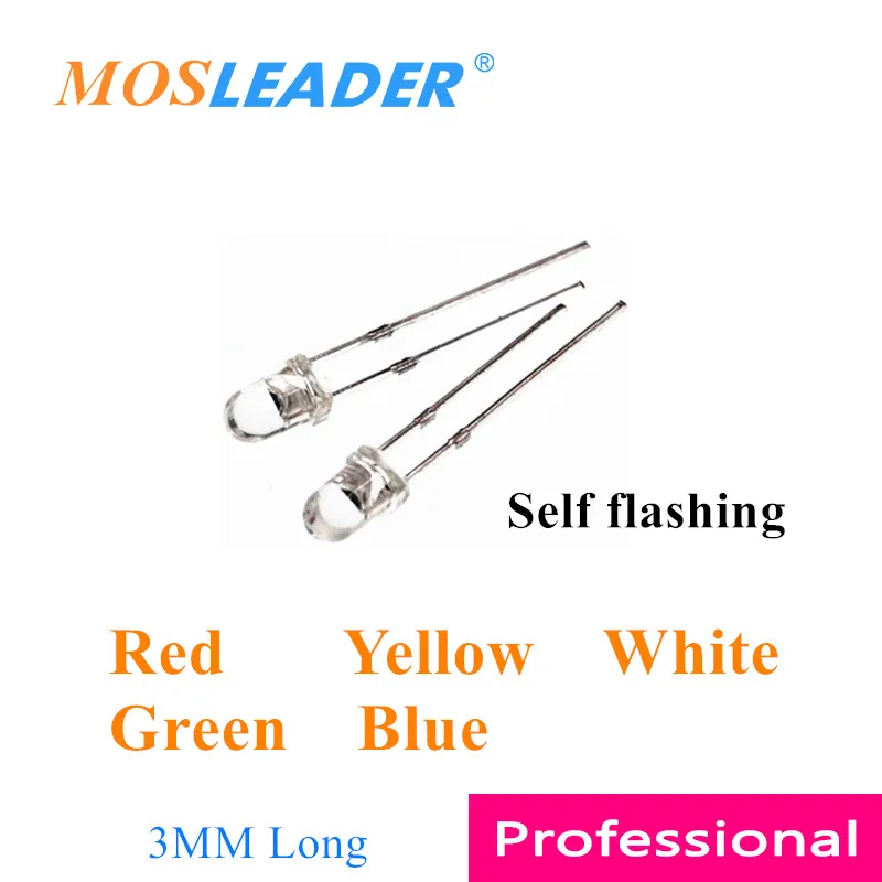 

Mosleader 1000pcs 3MM Self flashing led Red Yellow White Green Blue Transparent Long pins Chinese F3 Self flash leds 1.5HZ