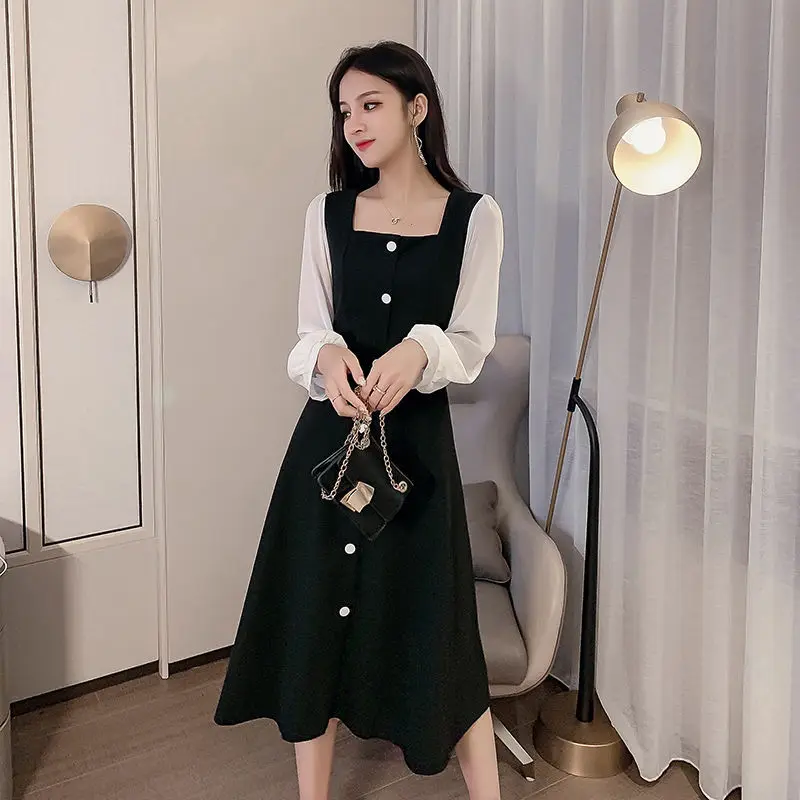 

2021 Spring and Autumn New Long Sleeve Dress Women's Small Fragrance Medium Length Slim Large Retro Base Skirt Long Skirt