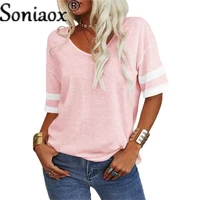 2021 women summer fashion v neck stitching top ladies short sleeve patchwork t shirt casual loose comfortable daily t shirt tops
