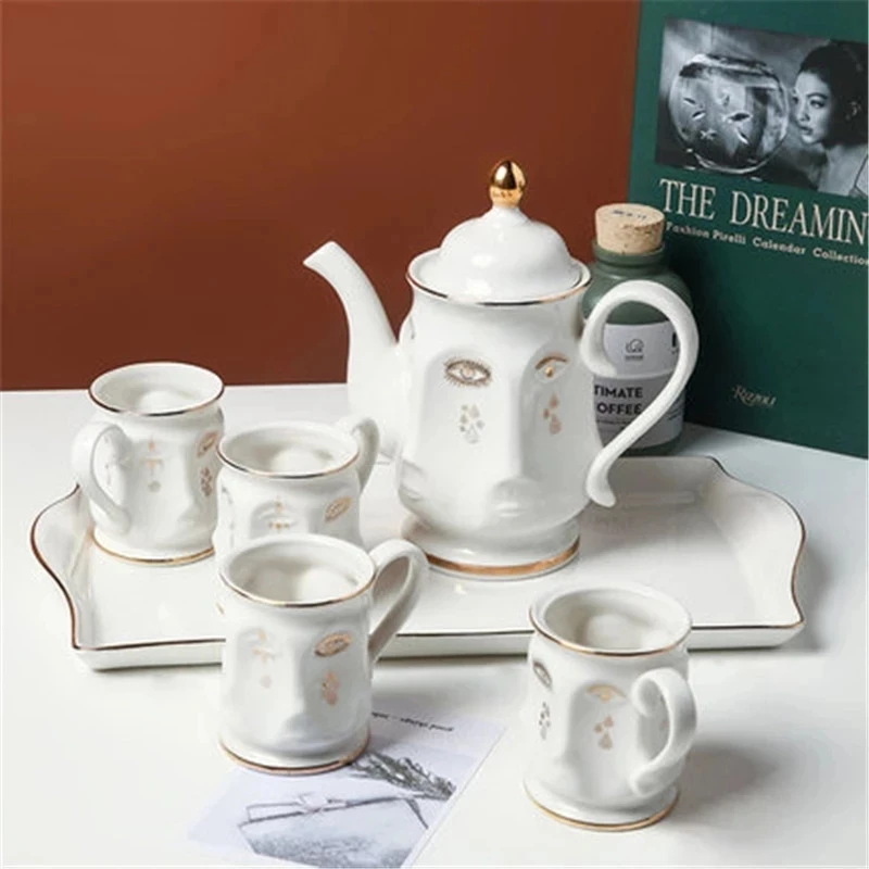 

New Nordic ins Luxurious Abstraction Geometry Many-sided Human Face Ceramics Teapot And Teacup Set Afternoon Tea Utensils
