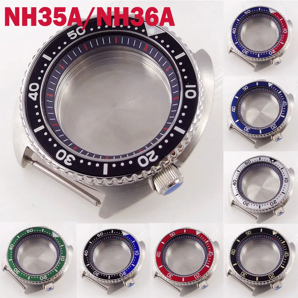 

45mm Mineral Watch Case For NH35/NH36 Movement Black Chapter Ring Rotating Bezel Aluminum Insert Brushed Case Screw In Crown