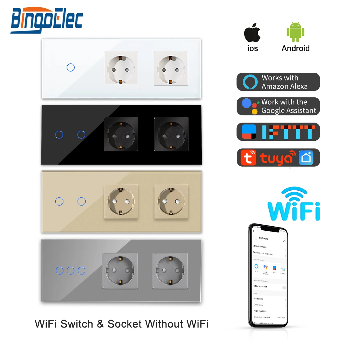 

Bingoelec-Wifi Wall Touch Switch Normal EU Double Plugs 1/2/3 Gang 1W Light Switches Works with Alexa Tuya Google Home