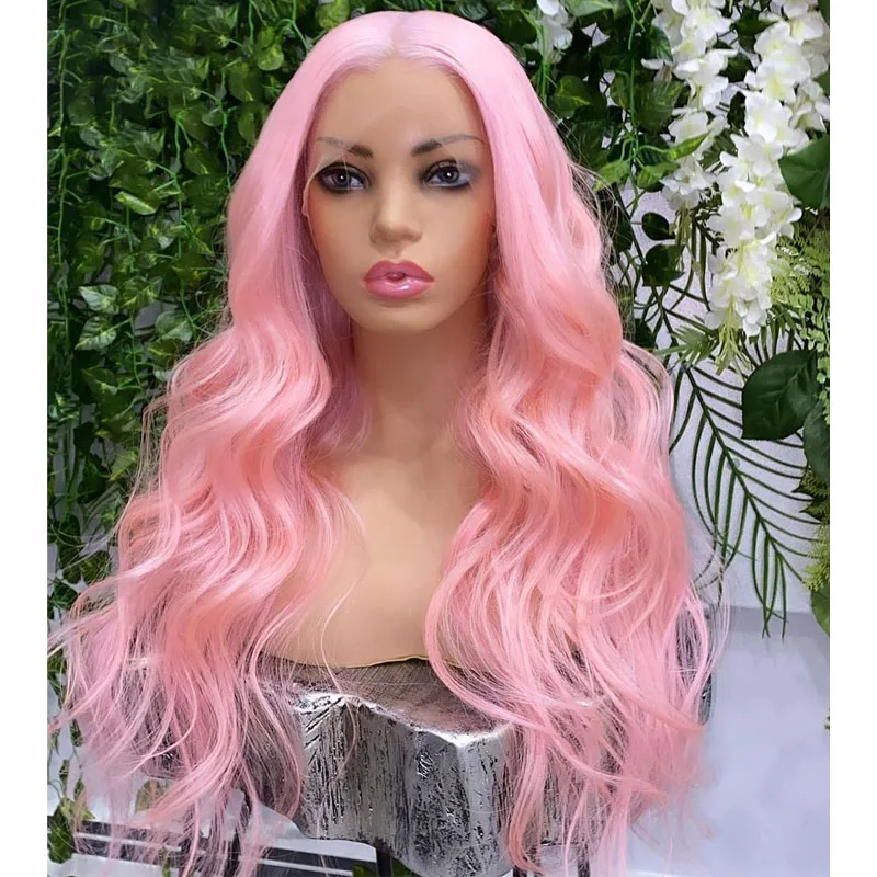 

150% Pink Color Body Wave Glueless Preplucked 13x4 Lace Front Synthetic Wig For Women With Baby Hair Daily Cosplay Dray Queen