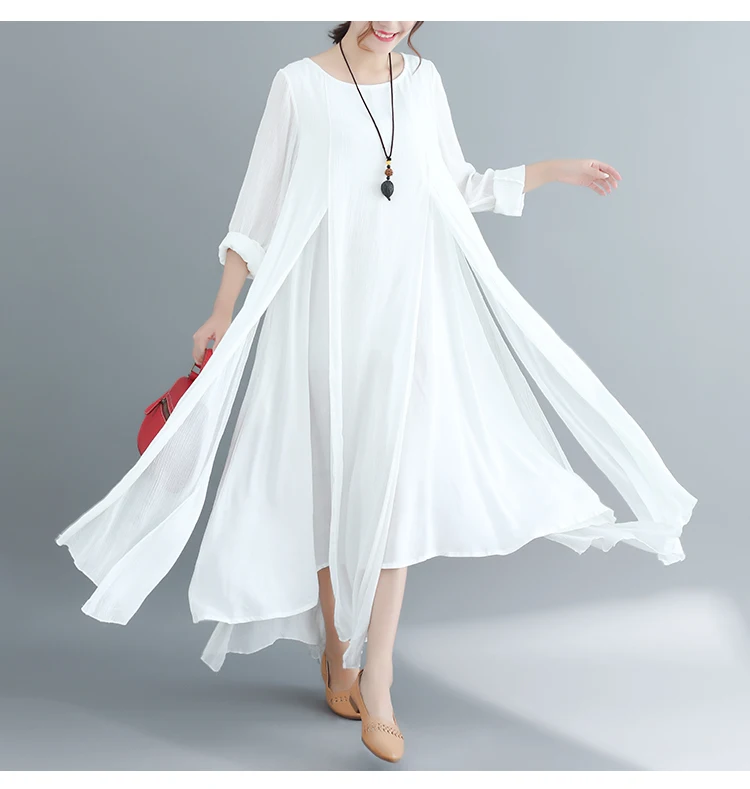 Хлопок и лен Винтаж женское платье Vestidos платье трапециевидной формы летние нерегулярные, белые, большие размеры элегантное платье DJ353