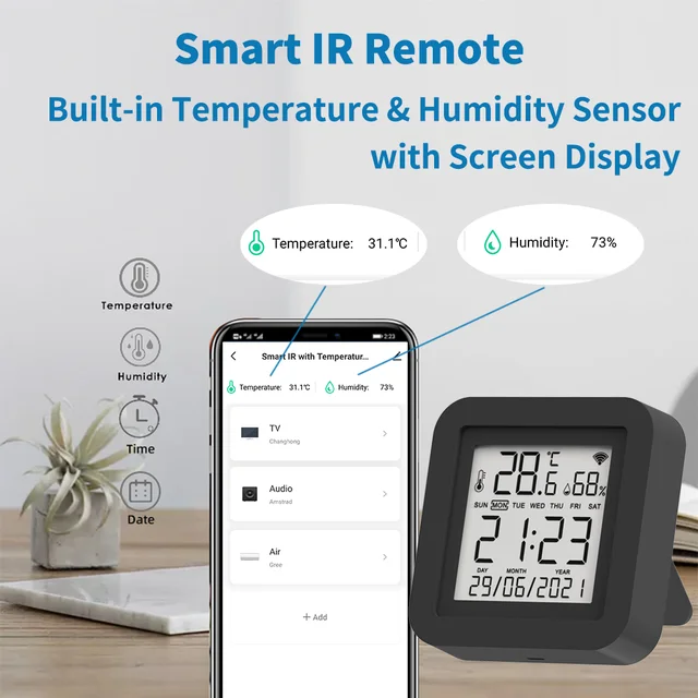 Tuya Smart Universal IR Remote with Temperature Humidity Sensor for Air Conditioner TV AC Works with Alexa,Google Home Yandex 4