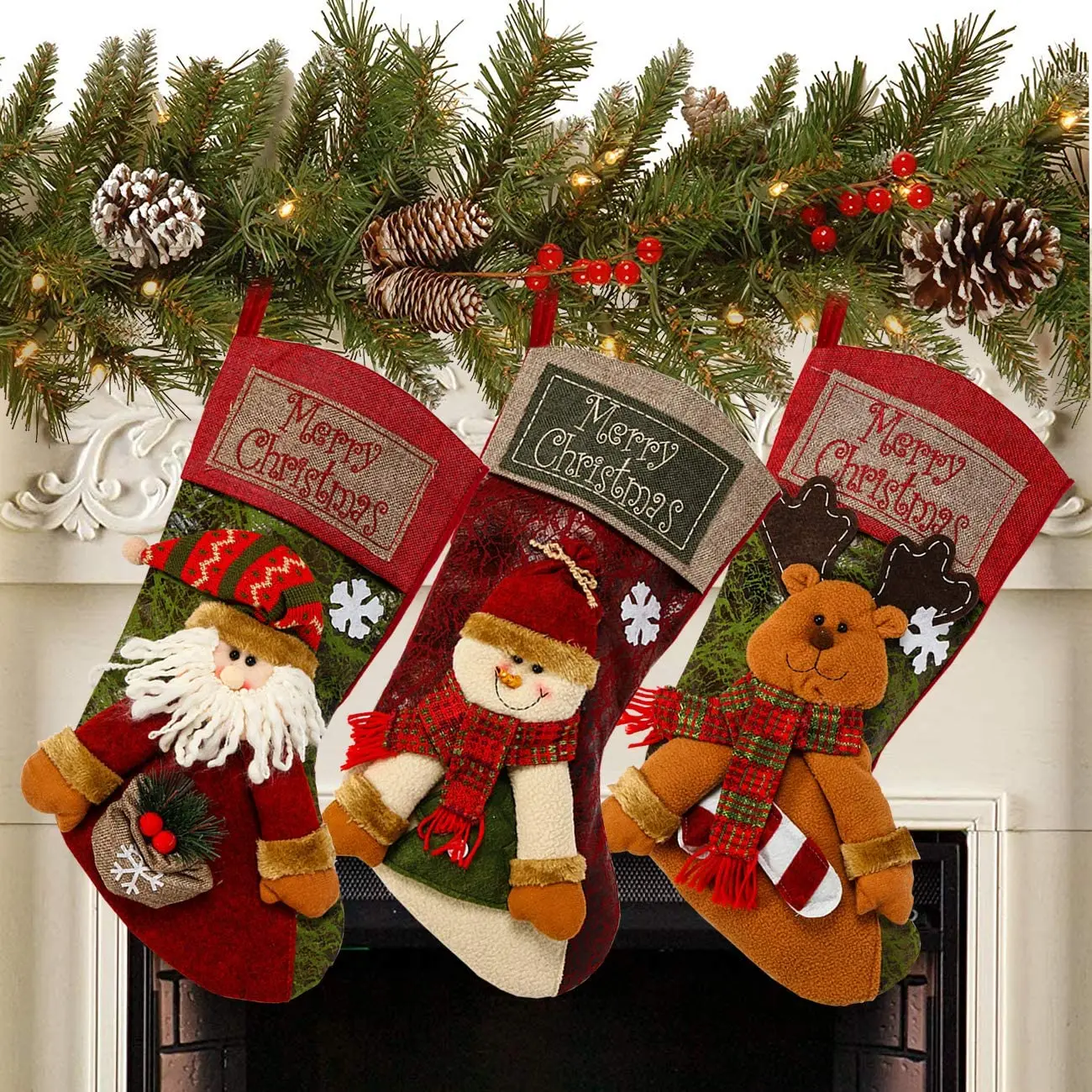 Sunnyglade-medias cl&aacute;sicas de Navidad, 3 piezas, 18 ", mu&ntilde;eco de nieve, Reno, personaje de Navidad, decoraciones para fiestas navide&ntilde;as-0