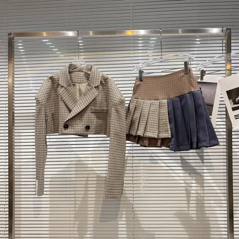 

British Classic Plaid Suit Short Coat + Contrast Pleated Skirt Set Women Two Piece Set 2021 Autumn New Outfit