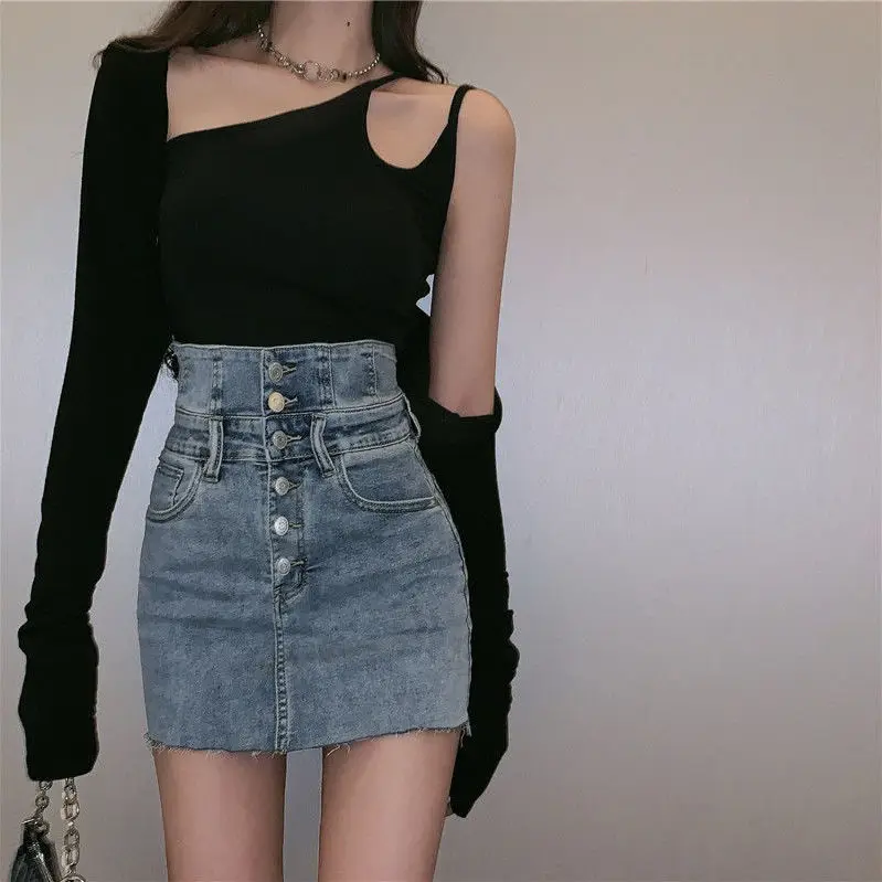 

Denim skirt summer Hong Kong style retro raw edge buttoned high waist A-line skirt Fashion all-match straight short skirt women