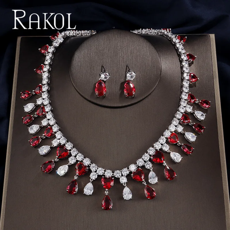 Water Drop Red RAKOL новинка высокое качество синий кубический цирконий серьги ожерелье набор для женщин воды Висячие серьги-капельки Роскошные вечерние ювелирные изделия RS0390 - Окраска металла: Water Drop Red