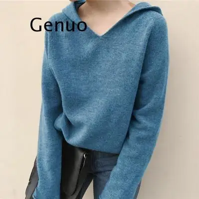 

Spring and autumn new solid hooded sweater women's V-neck loose knit pullover casual hooded sweater