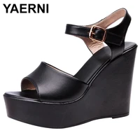 yaerni new black white cowhide summer leather slippers increase shoes woman sandals large size wedges high heel shoe 6 8 11
