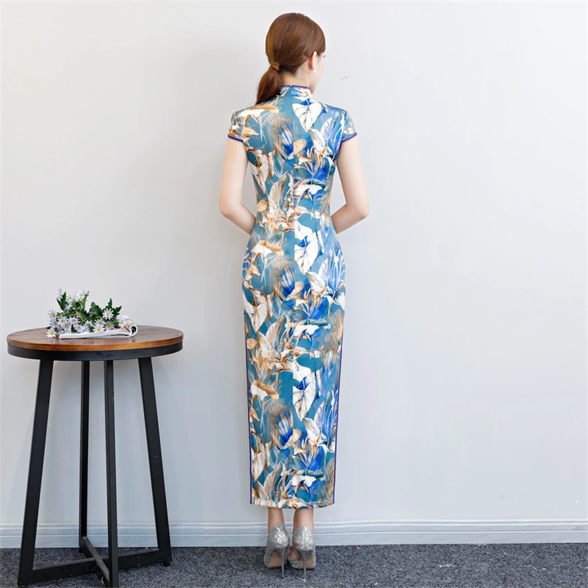 Cheongsam китайское платье винтажное с цветочным принтом женское традиционное Qipao длинный халат атласный шелк короткий рукав вечерние новогодние Wediing
