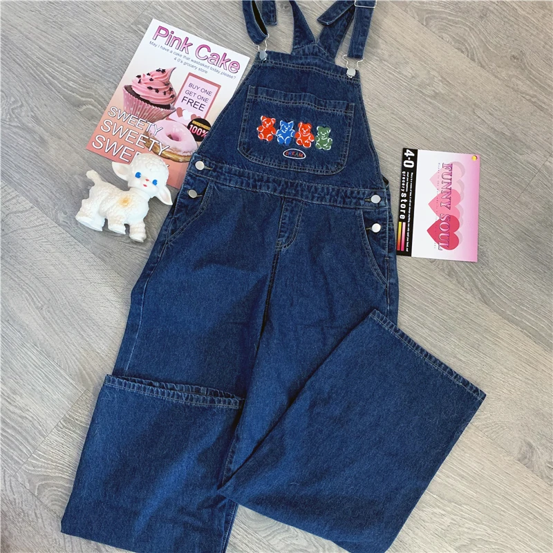 

Denim Jumpsuit Women Trousers Harajuku Cartoon Bear Embroidery Loose Overalls Vintage Washed Big Pocket Bib Pants Female Rompers