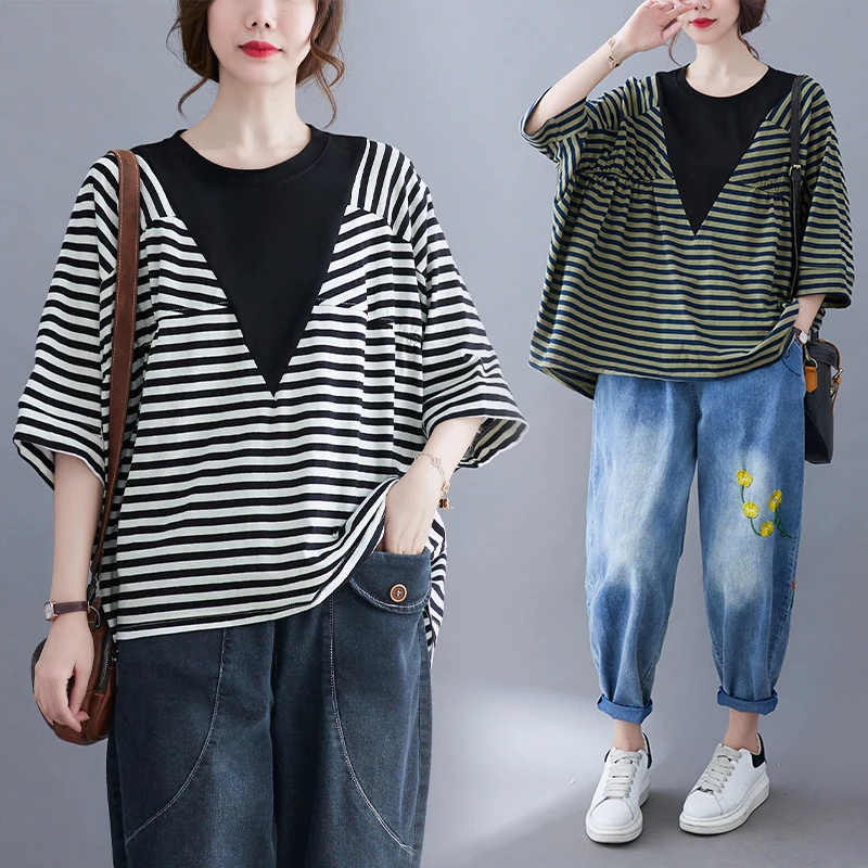 

Женская хлопковая футболка в полоску, свободная футболка большого размера с рукавами «летучая мышь»