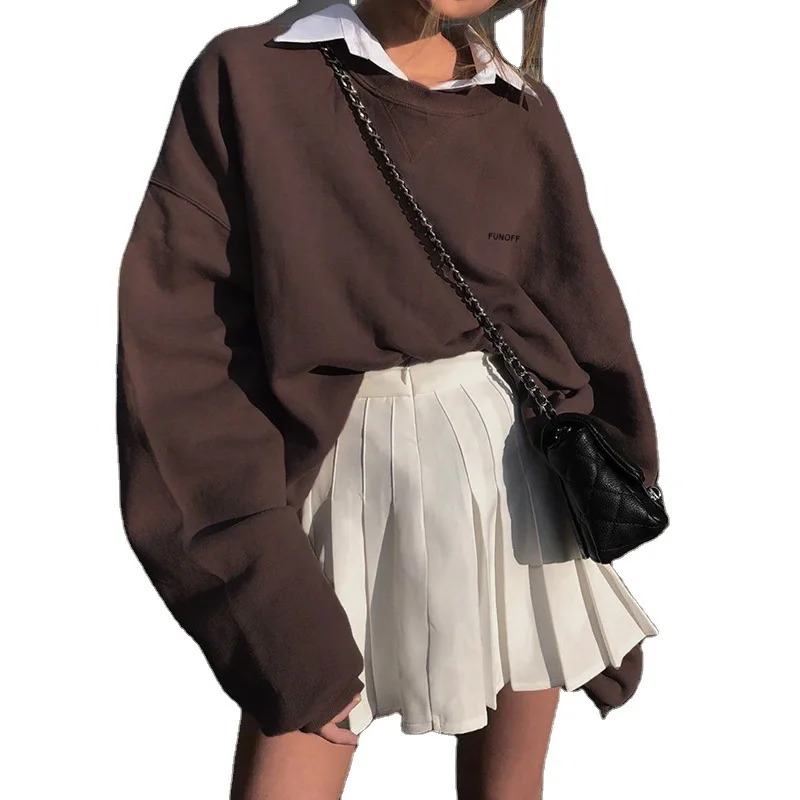 

YICIYA 2021 Autumn Winter Sweatshirts Women Oversized Crewneck Long Sleeve E-girl Vintage 90s Streetwear Letter Print Brown Tops