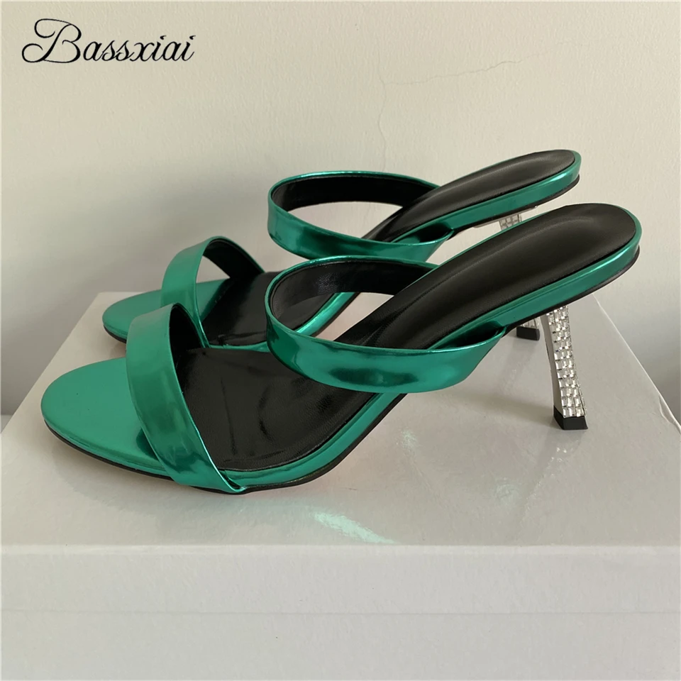 

Bright Patent Leather One-Strap Party Shoes Woman Crystal Rhinestone Thin High Heels Slingbacks Summer Sandals Women